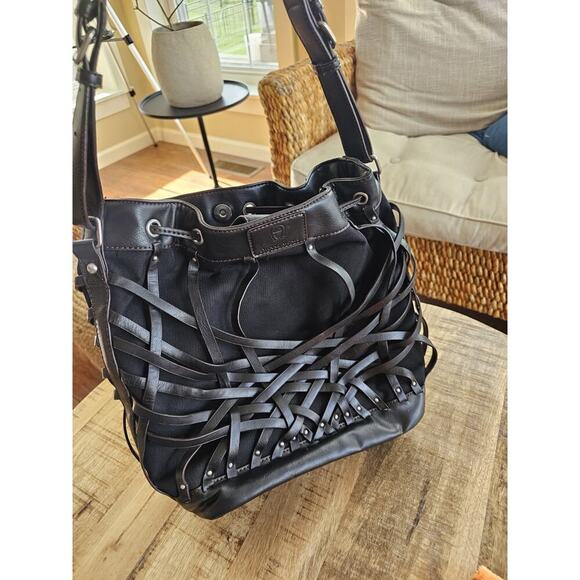 Etienne Aigner Black Vegan Leather Basket Weave Drawstring Hobo Bag Moto - Picture 7 of 11